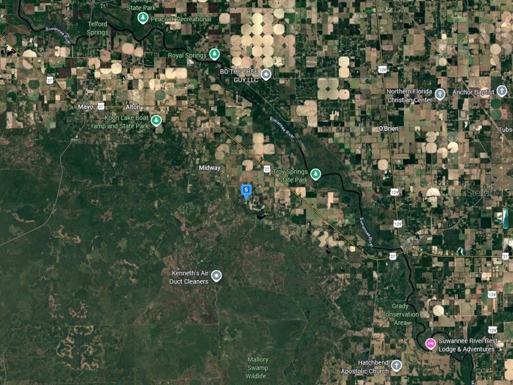 This is a satellite map view of the Suwannee River area in rural Florida — 160 SE ISLAND DRIVE, BRANFORD, FL
