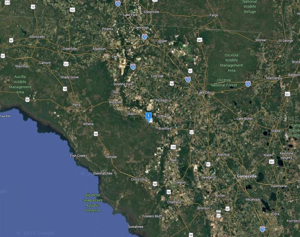 This is a satellite map showing a region of northern Florida with various towns and roads — 160 SE ISLAND DRIVE, BRANFORD, FL