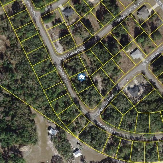 This is an aerial map showing a residential lot marked with a house icon — TBD SEQUOIA DRIVE Lot 16, OCKLAWAHA, FL