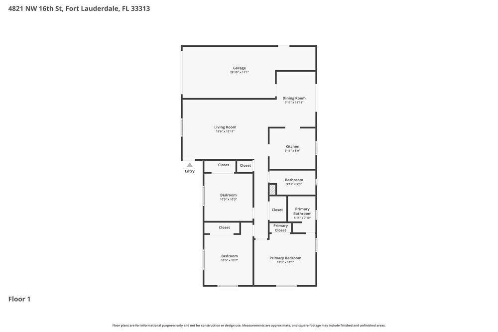 This is a floor plan for a single-story residential home with a garage — LAUDERHILL, FL