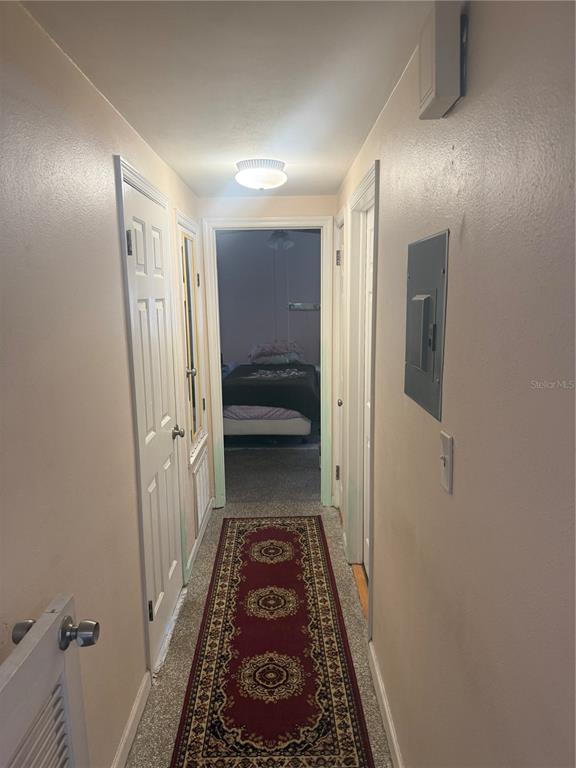 A narrow hallway with carpeted flooring, a patterned runner rug, and multiple closed doors — 202 FAIRMONT DRIVE, SANFORD, FL