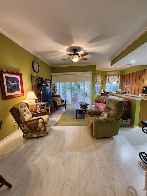 A living room with green walls, a ceiling fan, and light-colored wood-look flooring — 400 RAVINIA CIRCLE UNIT 400, VENICE, FL