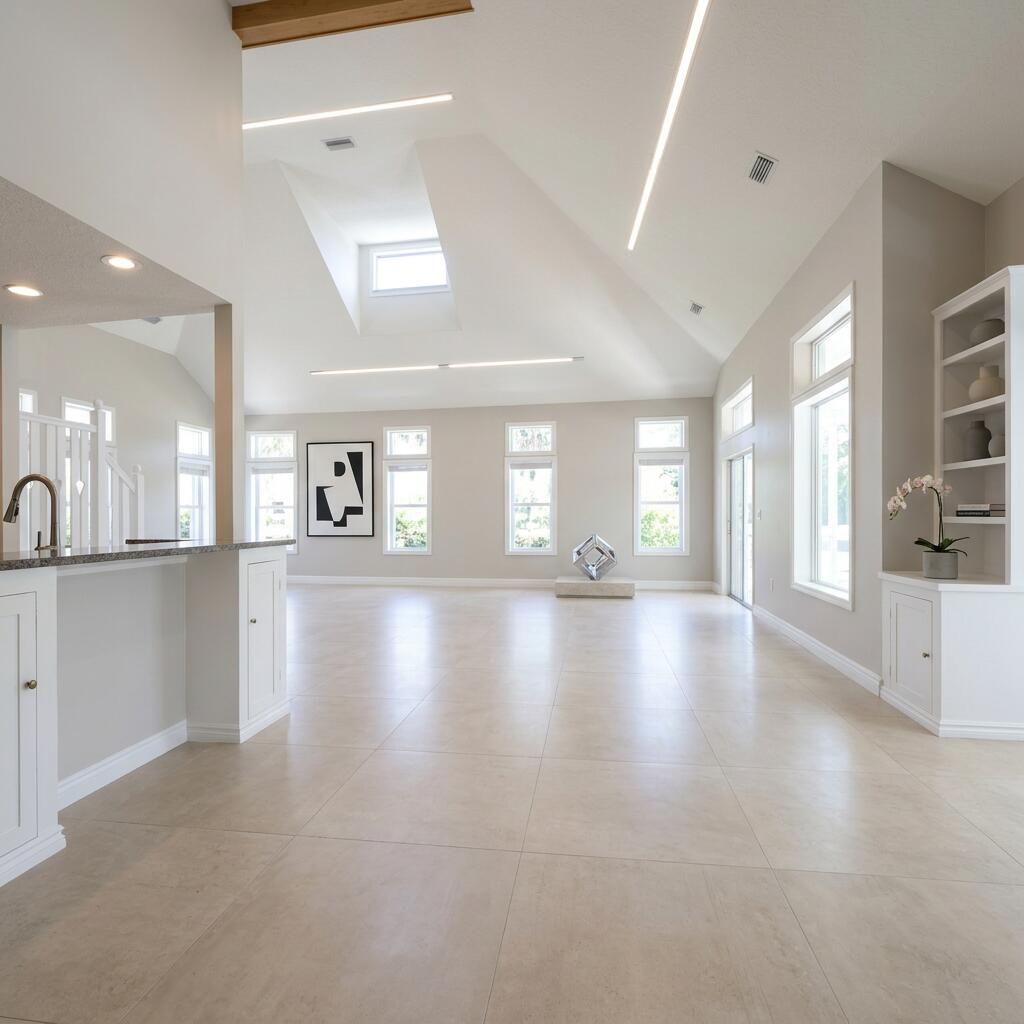 A spacious, minimalist living room features high vaulted ceilings, large windows, and light-colored tile flooring — 400 Seaside Lane, Juno Beach FL 33408, JUNO BEACH, FL