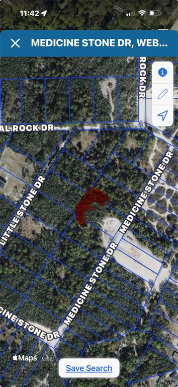 This is a satellite map view showing a wooded residential lot highlighted in red — MEDICINE STONE DRIVE, WEBSTER, FL