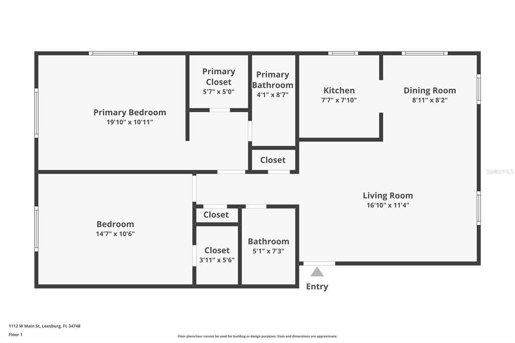 This is a floor plan showing the layout and dimensions of a residential home — 1112 W MAIN STREET UNIT E7, LEESBURG, FL