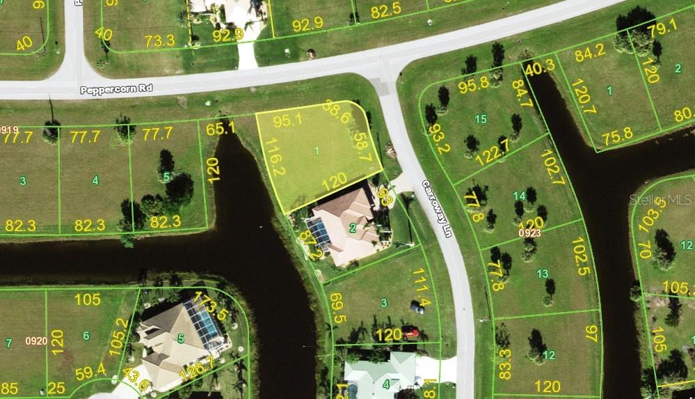 This is an aerial map showing residential property lot lines and dimensions — 17247 CARROWAY LANE, PUNTA GORDA, FL
