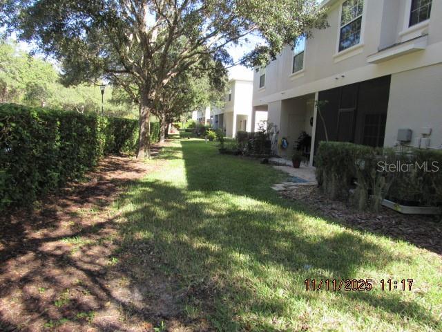 A grassy backyard area features a tall hedge, mature trees, and a multi-story building — 1944 GREENWOOD VALLEY DRIVE, PLANT CITY, FL