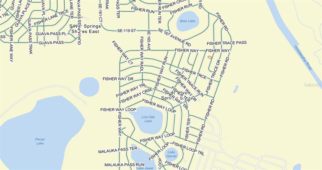 This is a map showing the street layout and lakes in a residential neighborhood — Lot 22 FISHER WAY TRACK, OCKLAWAHA, FL