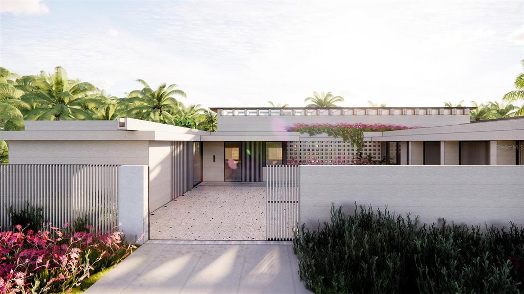 This architectural rendering shows the exterior of a modern home with a gated courtyard entrance — C42-43 VALLE ESCONDIDO, GUAYNABO, PR