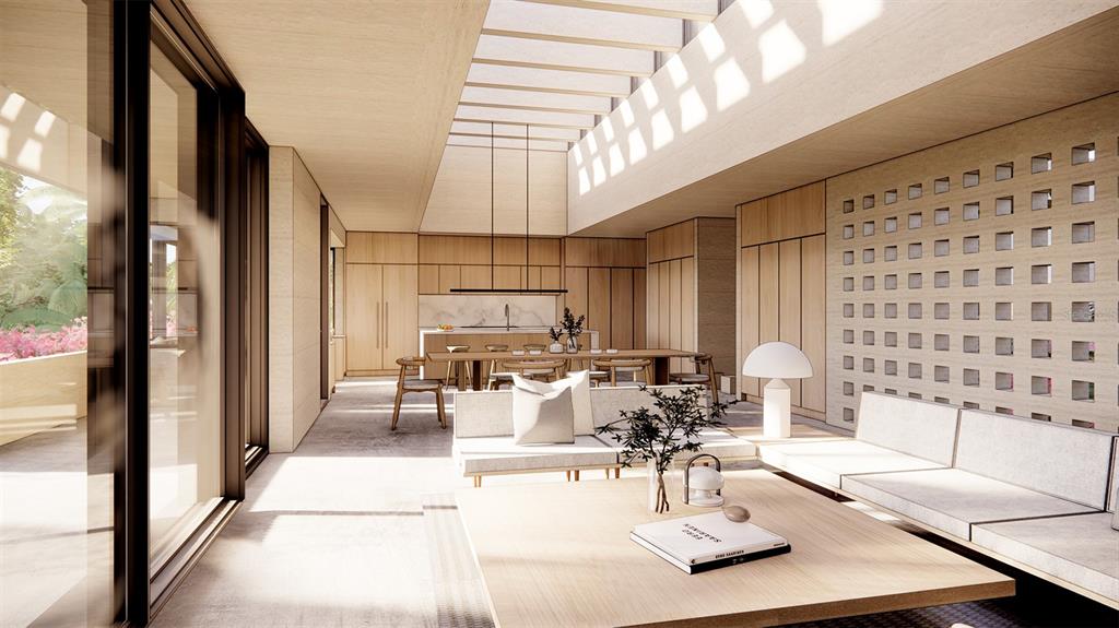 This rendering shows a modern open-plan living and dining area with light wood finishes — C42-43 VALLE ESCONDIDO, GUAYNABO, PR