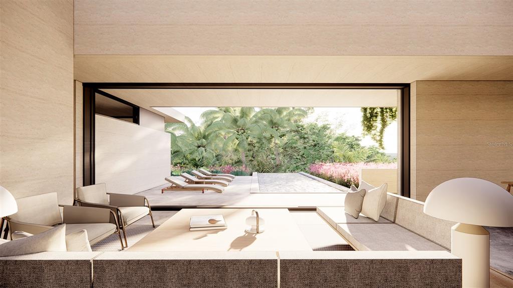 This rendering shows a modern indoor-outdoor living space with a pool and tropical landscaping — C42-43 VALLE ESCONDIDO, GUAYNABO, PR