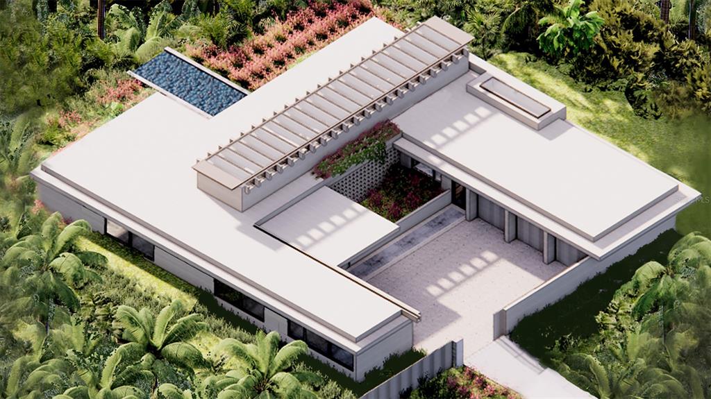 An aerial architectural rendering shows a modern flat-roofed house with a central courtyard and pool — C42-43 VALLE ESCONDIDO, GUAYNABO, PR