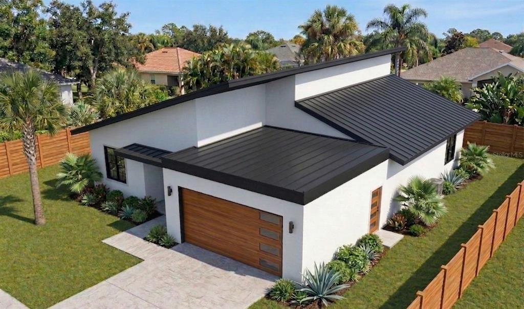 This is a rendering of a modern single-story house with a black metal roof — 477 SAYRE ROAD SW, PALM BAY, FL