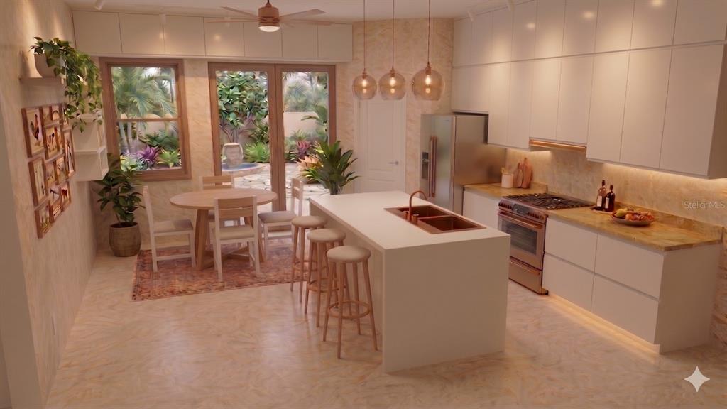 This is a rendering of a modern kitchen with white cabinetry, a central island, and dining area — 477 SAYRE ROAD SW, PALM BAY, FL