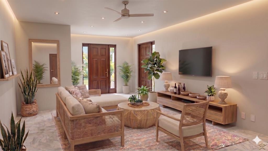 This is a rendering of a living room featuring a sofa, armchair, and wooden furniture — 477 SAYRE ROAD SW, PALM BAY, FL