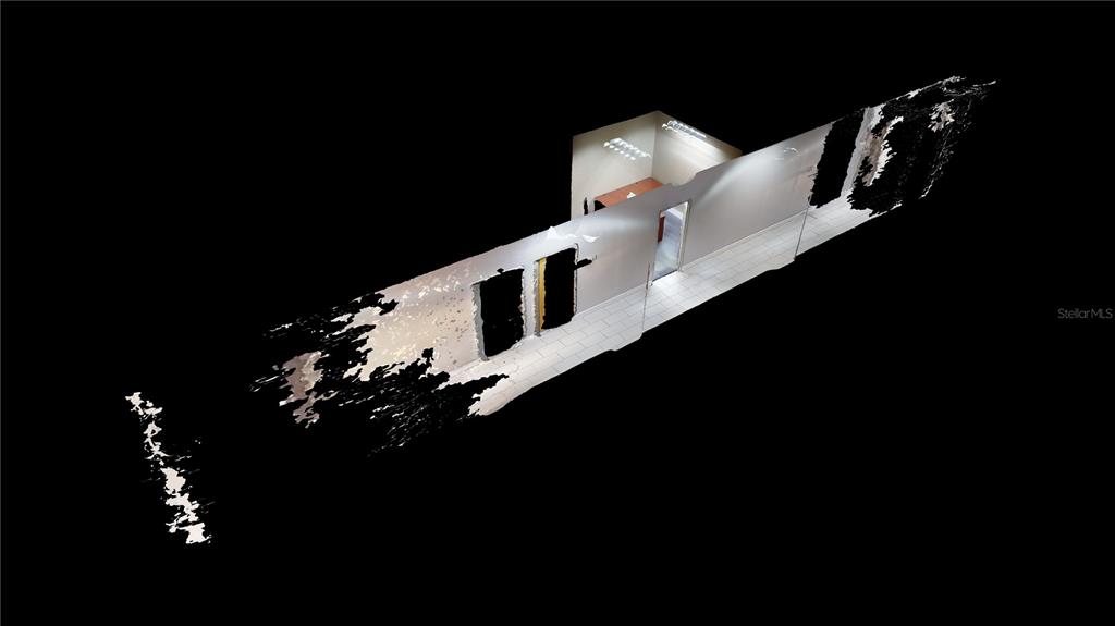 This is a 3D digital rendering showing a hallway with tiled floors and two doorways — 1576 TROPIC PARK DRIVE UNIT 1576, SANFORD, FL