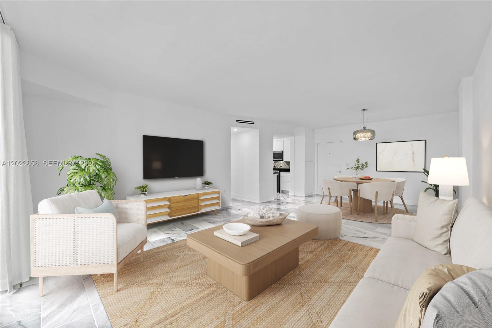 This is a digital rendering of a modern living and dining area with marble floors — 10275 Collins Ave # 1035, Bal Harbour FL 33154, BAL HARBOUR, FL
