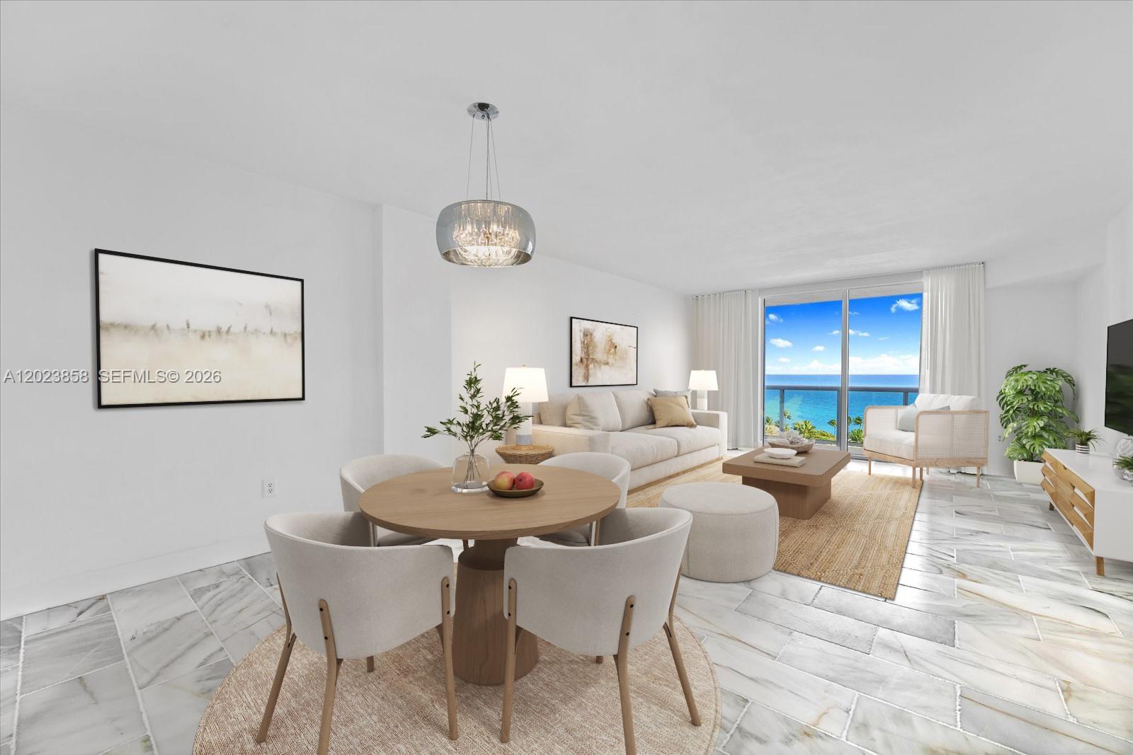 This is a digital rendering of a living and dining area with ocean views — 10275 Collins Ave # 1035, Bal Harbour FL 33154, BAL HARBOUR, FL