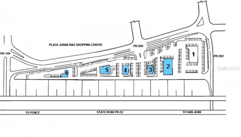 This is a site plan rendering of the Plaza Juana Diaz shopping center — PR 584 PR-584 INT. PR-149, JUANA DIAZ, PR