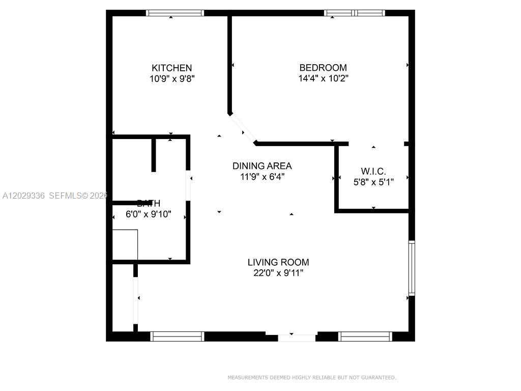 This is a floor plan of a one-bedroom apartment with a living room and kitchen — 2415 Pierce St, Hollywood FL 33020, HOLLYWOOD, FL