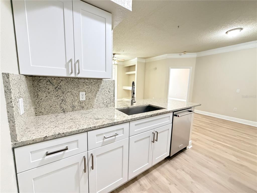 A kitchen features white cabinets, granite countertops, a stainless steel sink, and light wood flooring — 13015 PLANTATION PARK CIRCLE UNIT 10111, ORLANDO, FL