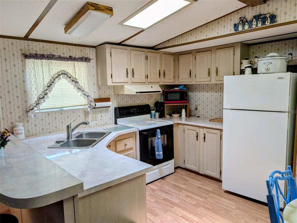 A kitchen features white cabinets, laminate countertops, a double sink, and a white refrigerator — 14181 SE 90TH TERRACE, SUMMERFIELD, FL