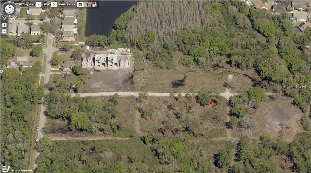 An aerial view shows a vacant lot with a red marker near a wooded area — 310 SKYTRAIL, TAMPA, FL
