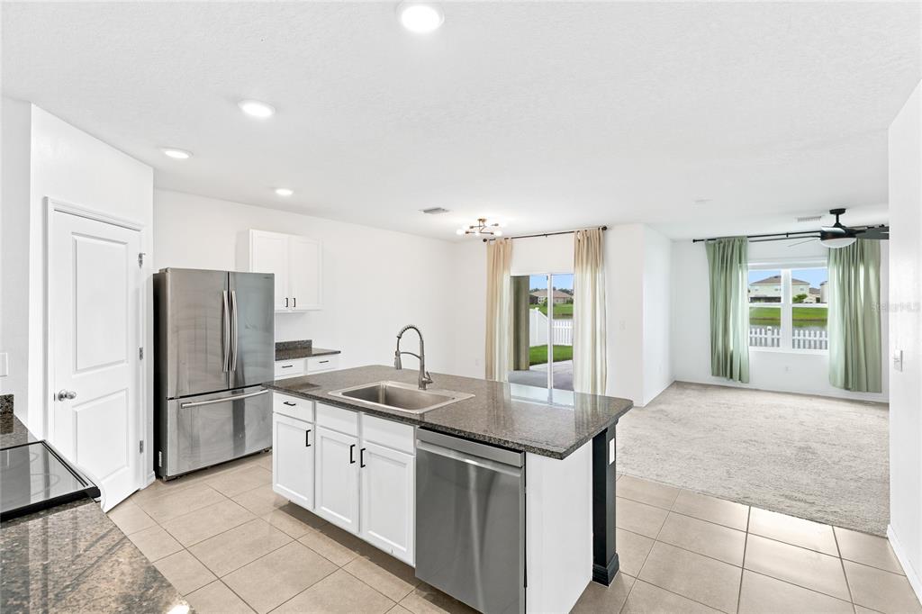 A kitchen with white cabinets and granite countertops overlooks a carpeted living area — 3909 PARK WILLOW AVENUE, PALMETTO, FL