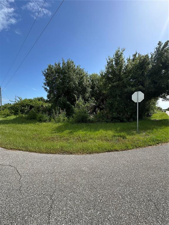 A vacant, overgrown corner lot with a stop sign under a bright blue sky — 12088 HENLEY AVENUE, PORT CHARLOTTE, FL