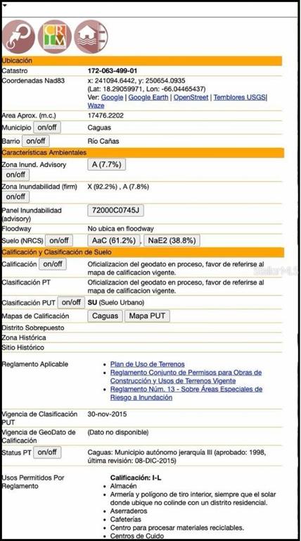 This image is a property data report displaying land classification, environmental zones, and zoning regulations — CARR #1 KM 28.7 BARRIO RIO CAÑAS, CAGUAS, PR