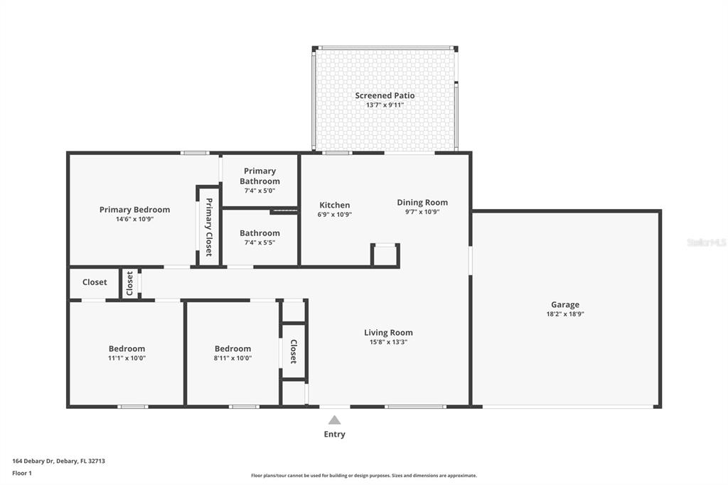 This is a floor plan of a single-story house featuring three bedrooms, two bathrooms, and a garage — 164 DEBARY DRIVE, DEBARY, FL