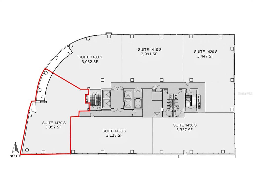 This is a floor plan showing the layout and square footage of six office suites — 189 S ORANGE AVENUE UNIT 1470, ORLANDO, FL