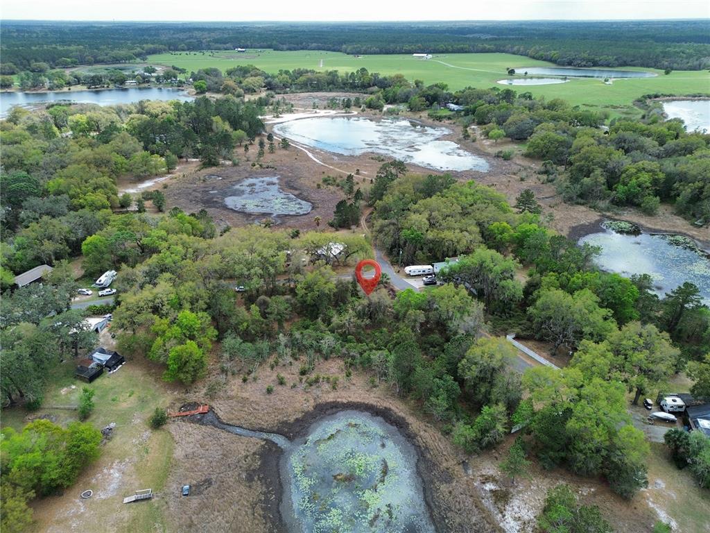 An aerial view shows a wooded property with several ponds and a red location pin — TBD SE 167TH CT, OCKLAWAHA, FL