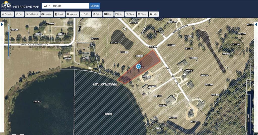 This is a satellite map showing a highlighted property parcel in Lake County, Florida — 3430 LAKE DIANE ROAD, TAVARES, FL