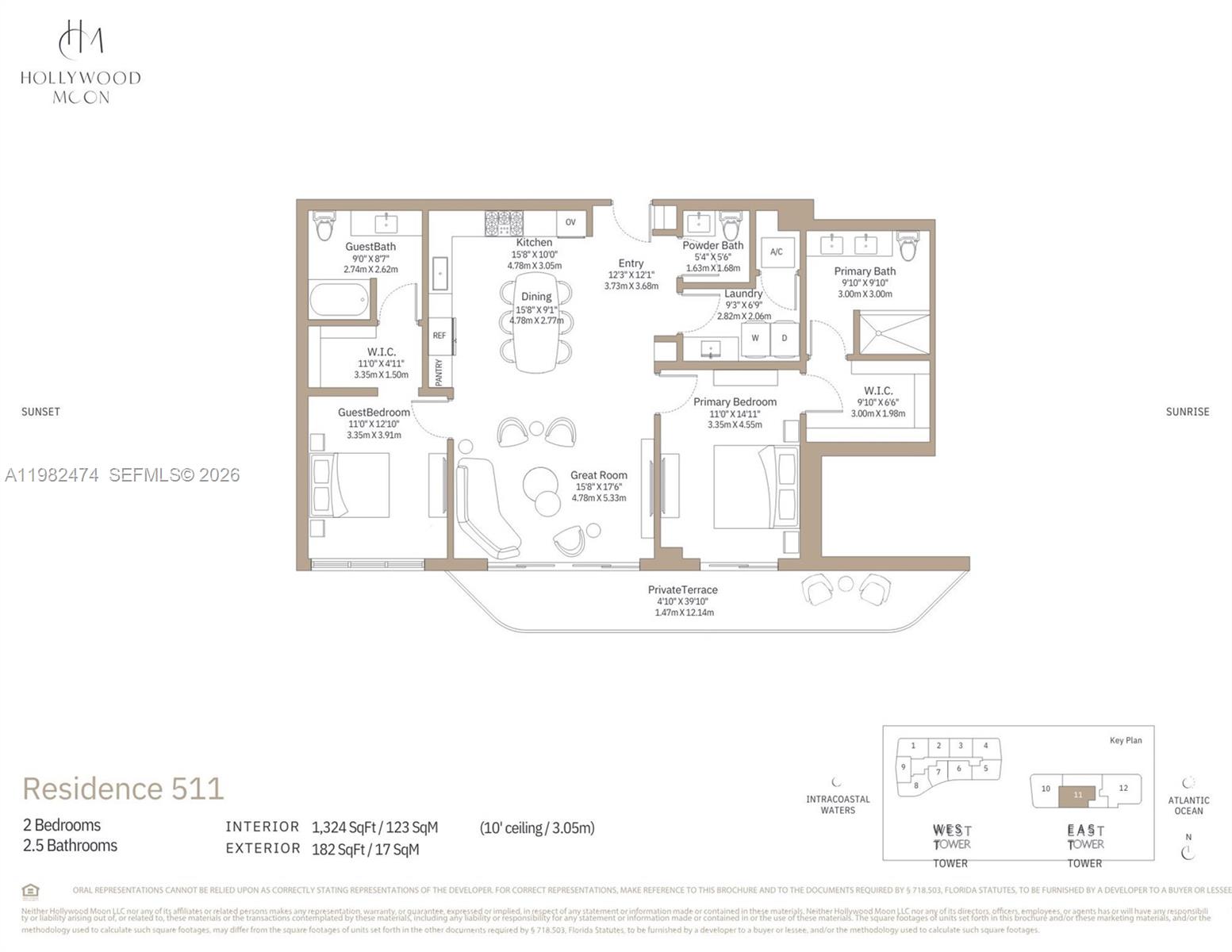 This is a floor plan for a two-bedroom, 2.5-bathroom residential unit with a private terrace — 901 S Ocean Dr. # 511, Hollywood FL 33019, HOLLYWOOD, FL