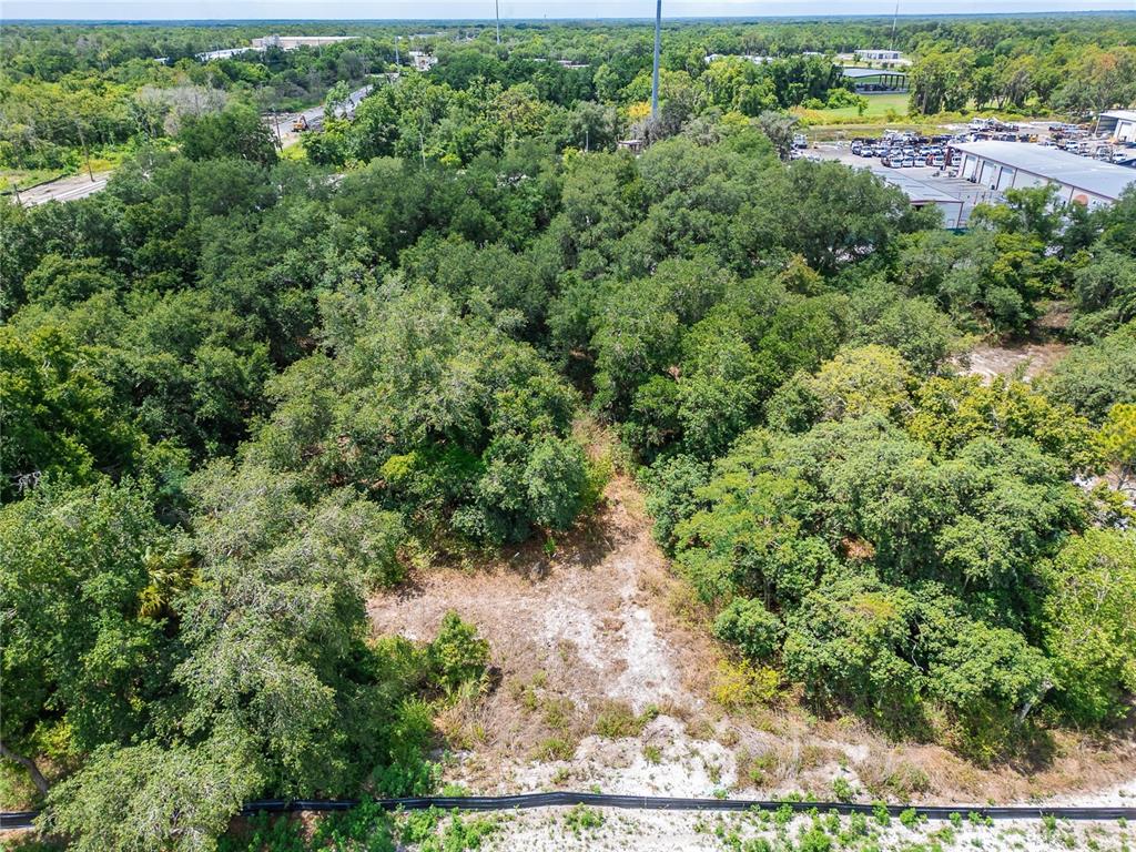 An aerial view shows a wooded lot with a cleared sandy area in the foreground — TURKEY CREEK ROAD, PLANT CITY, FL