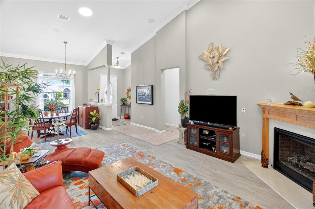 A living room features a fireplace, a television on a stand, and an adjacent dining area — 19562 SW 84TH PLACE, DUNNELLON, FL