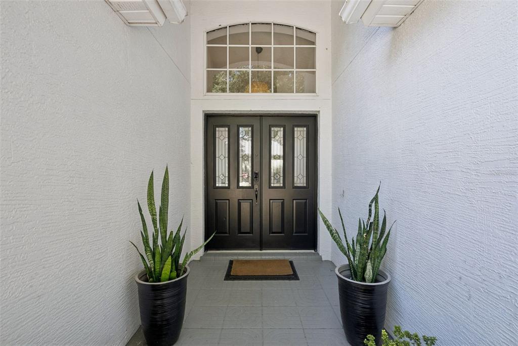 A black double front door with a transom window sits between two potted snake plants — 2080 CRANBERRY ISLES WAY, APOPKA, FL