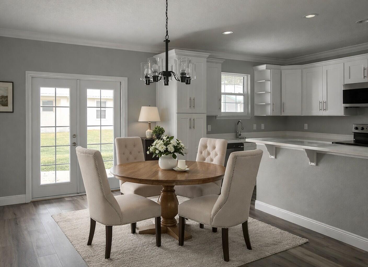 A dining area with a round wooden table, four upholstered chairs, and a white kitchen — 528 SE 35th Terrace, Okeechobee FL 34974, OKEECHOBEE, FL