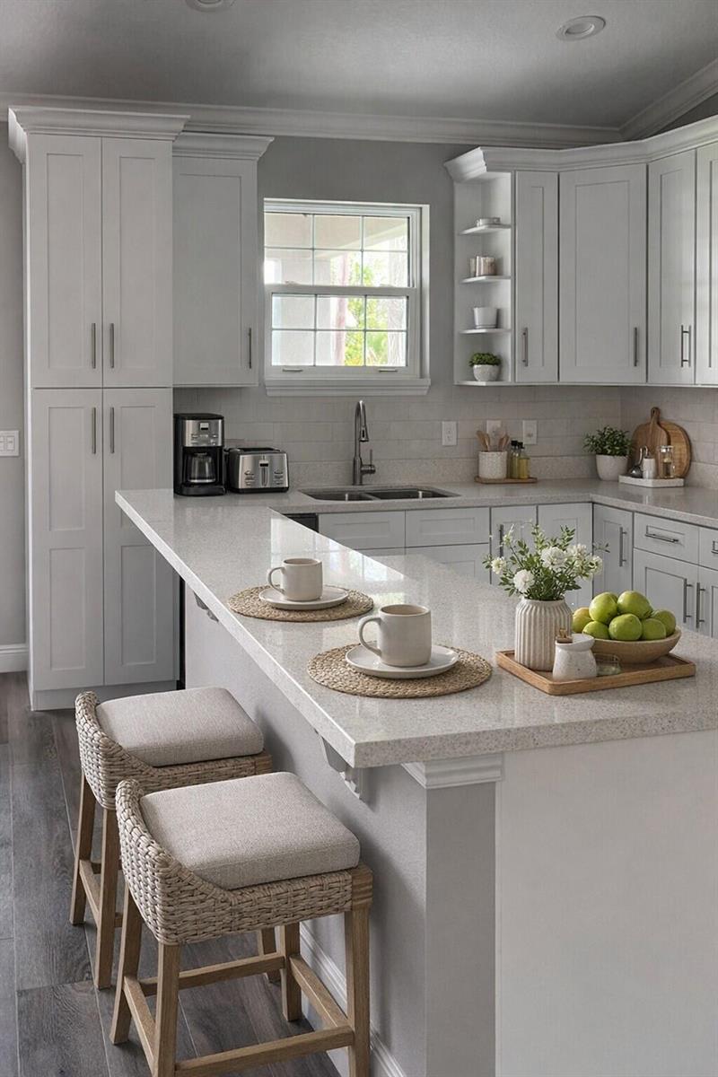 A bright kitchen features white cabinetry, quartz countertops, a breakfast bar, and woven bar stools — 528 SE 35th Terrace, Okeechobee FL 34974, OKEECHOBEE, FL