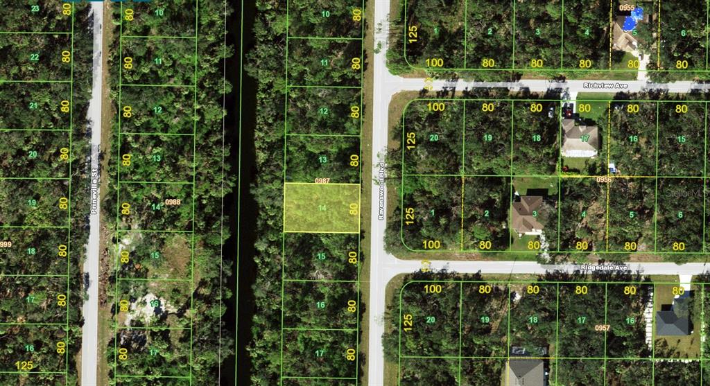 This is a map showing a highlighted vacant residential lot among wooded properties — 111 RAVENSWOOD BOULEVARD, PORT CHARLOTTE, FL