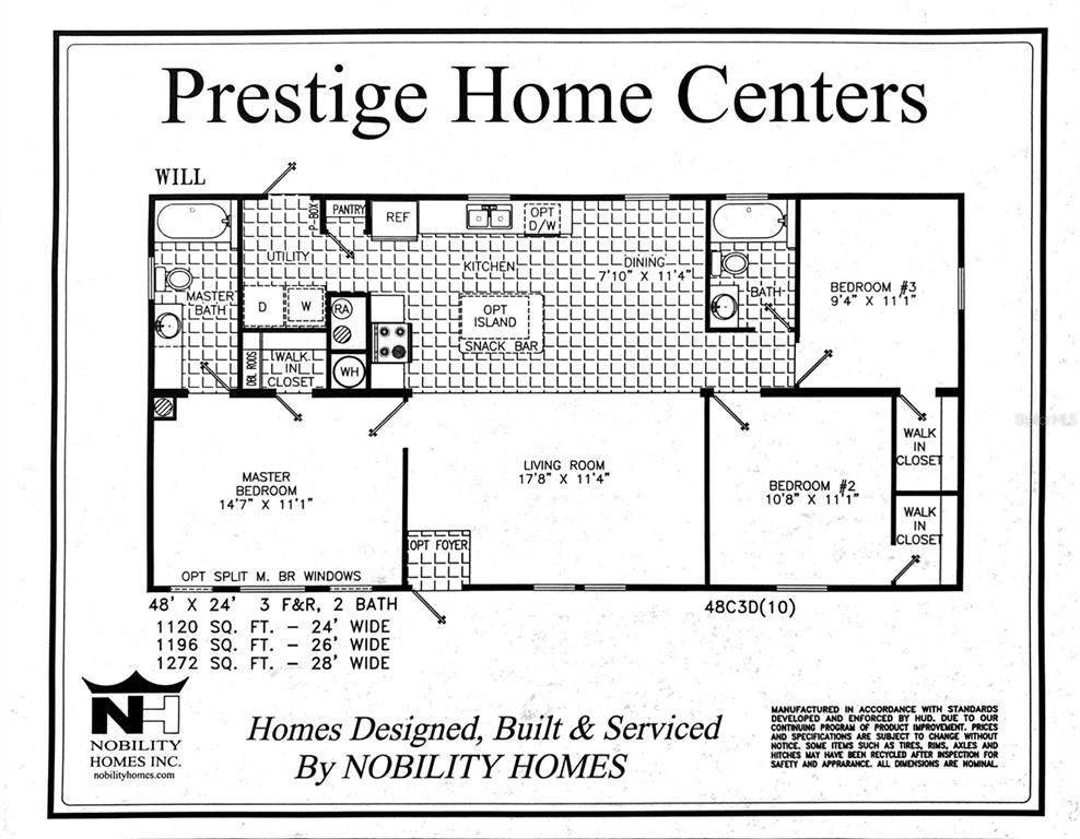This is a floor plan for a three-bedroom, two-bathroom manufactured home — 7193 SEALAWN DRIVE, SPRING HILL, FL