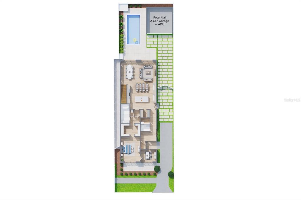This is a 3D floor plan rendering of a home with a pool and backyard — 1738 7TH STREET, SARASOTA, FL