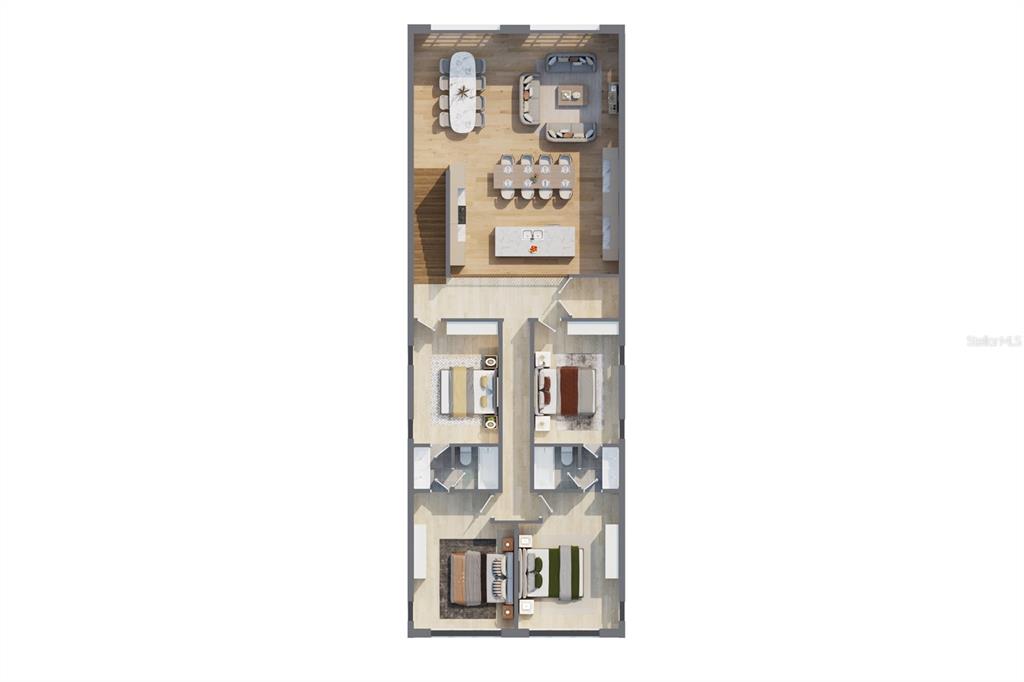 This is a 3D floor plan rendering of a home with three bedrooms and an open-concept living area — 1738 7TH STREET, SARASOTA, FL