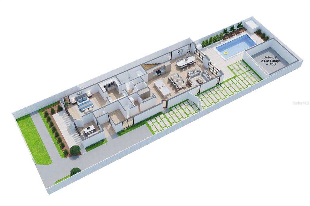 This 3D architectural rendering shows a modern home floor plan with a pool and backyard — 1738 7TH STREET, SARASOTA, FL
