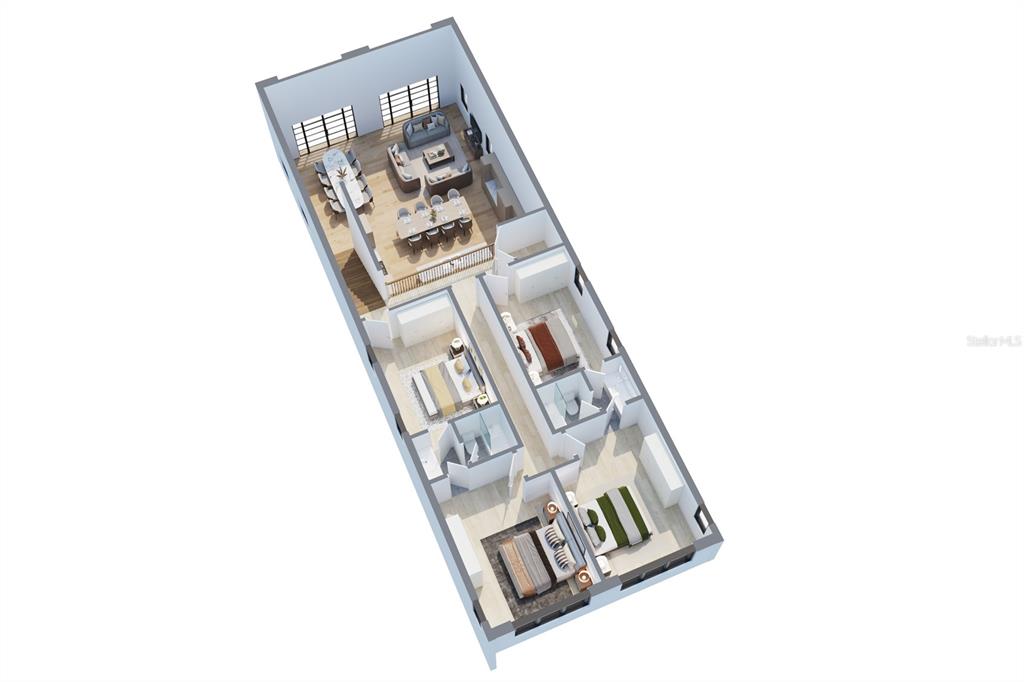 This is a 3D floor plan rendering of a multi-bedroom apartment with an open living area — 1738 7TH STREET, SARASOTA, FL