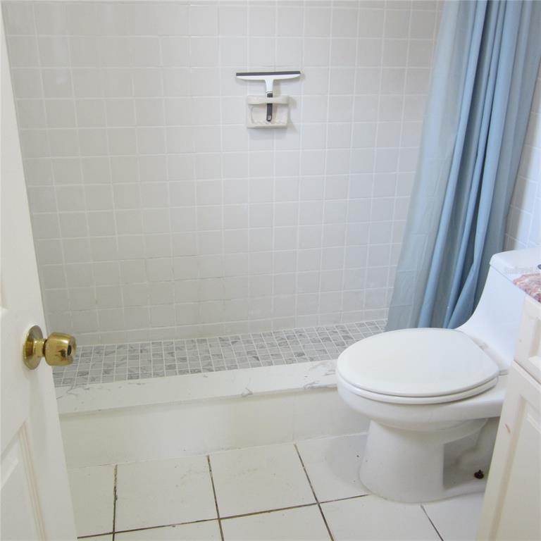A bathroom features a walk-in shower with white tiled walls and a mosaic tile floor — 520 W ELLA J GILMORE STREET, APOPKA, FL