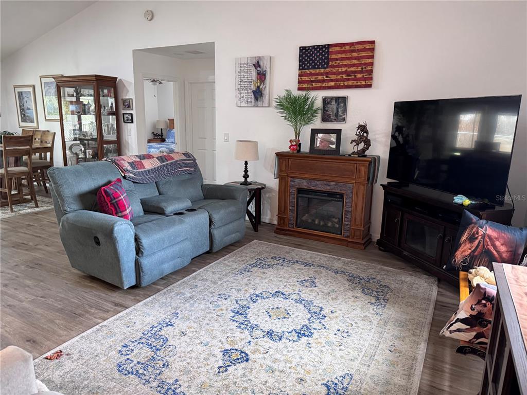 A living room features a gray loveseat, a fireplace, a television, and a patterned area rug — 1855 N BERKLEY ROAD, AVON PARK, FL