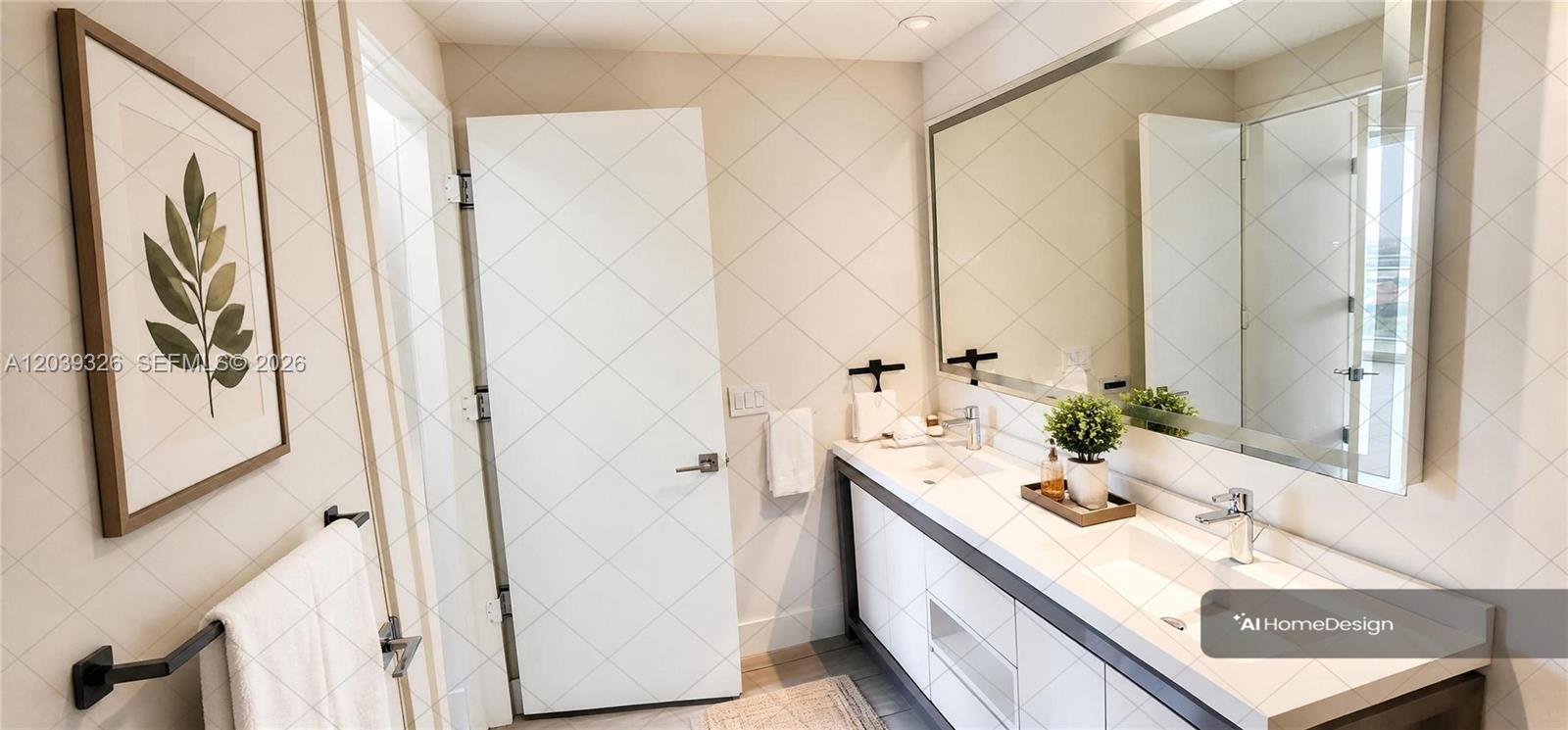 A modern bathroom features a double vanity with a large mirror and white cabinetry — 2000 Metropica Way # 2106, Sunrise FL 33323, SUNRISE, FL