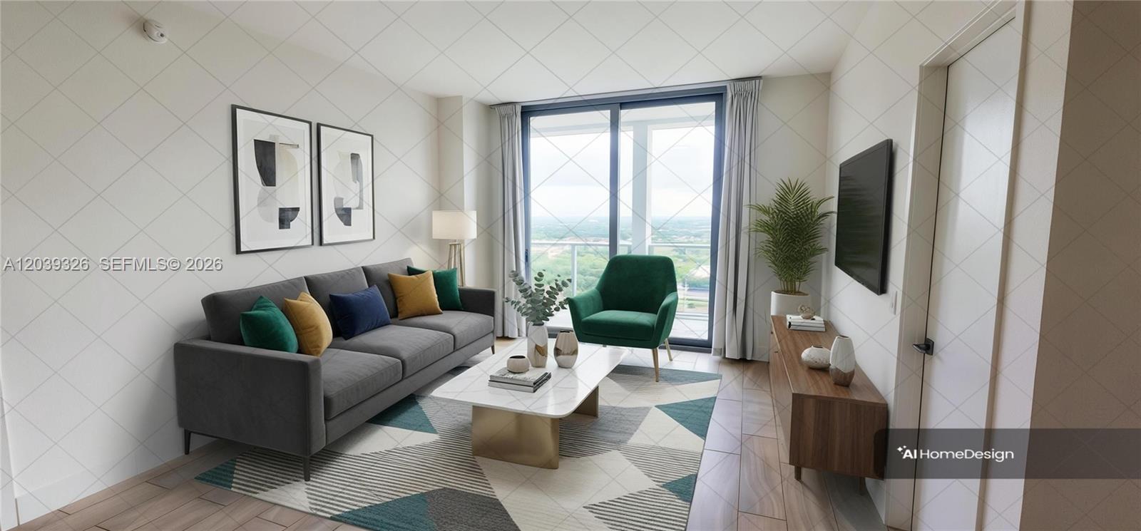 This virtual rendering shows a modern living room with a gray sofa and green armchair — 2000 Metropica Way # 2106, Sunrise FL 33323, SUNRISE, FL